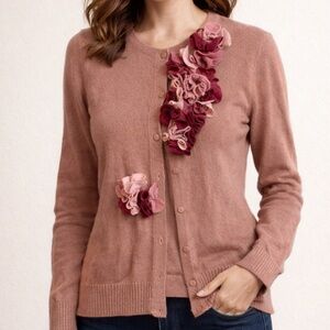 Floral Embellished Pink Cardigan sweater dimensional blooming petals S OOAK
